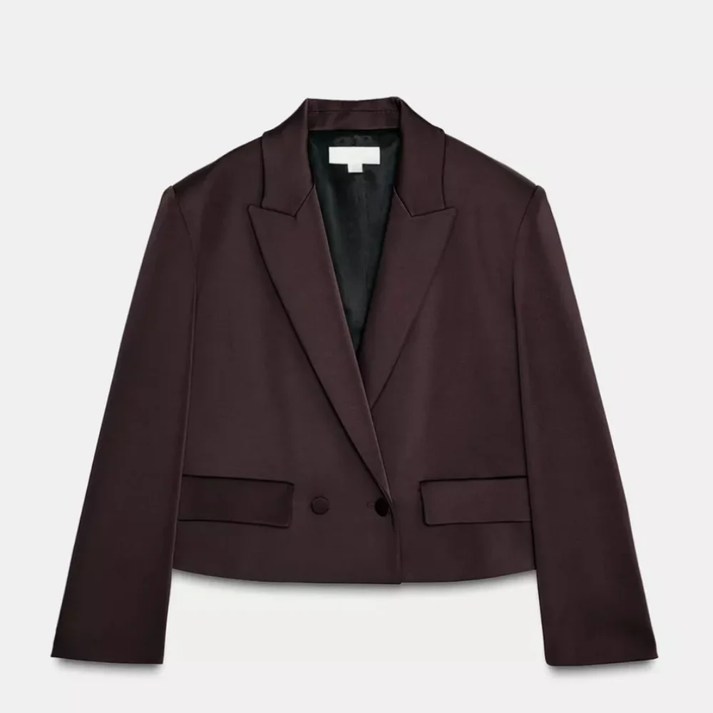 Zara Satin Double Breasted Cropped Blazer Jacket Brown Size XL